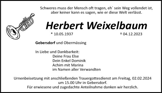 Traueranzeige von Herbert Weixelbaum von Roth-Hilpoltsteiner Volkszeitung Lokal