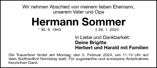 Traueranzeige von Hermann Sommer von Gesamtausgabe Nürnberger Nachrichten/ Nürnberger Ztg.
