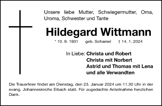 Traueranzeige von Hildegard Wittmann von Gesamtausgabe Nürnberger Nachrichten/ Nürnberger Ztg.