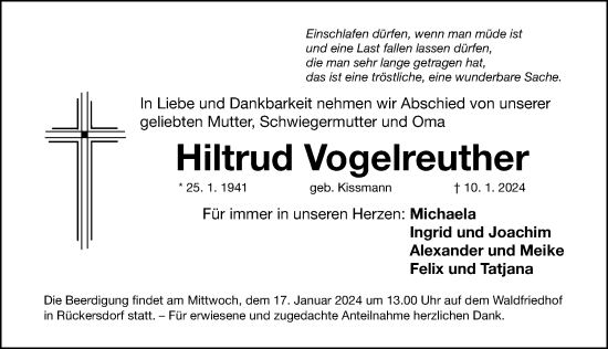 Traueranzeige von Hiltrud Vogelreuther von Gesamtausgabe Nürnberger Nachrichten/ Nürnberger Ztg.