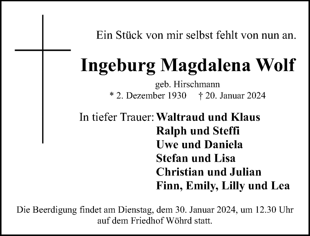  Traueranzeige für Ingeburg Magdalena Wolf vom 30.01.2024 aus Gesamtausgabe Nürnberger Nachrichten/ Nürnberger Ztg.