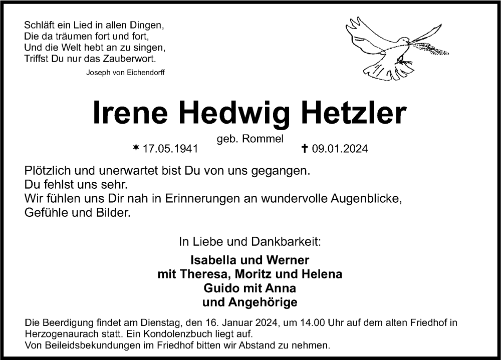  Traueranzeige für Irene Hedwig Hetzler vom 13.01.2024 aus Nordbayerische Nachrichten Herzogenaurach Lokal