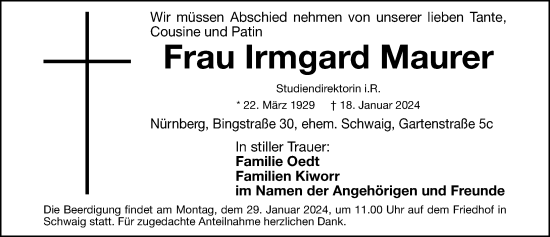 Traueranzeige von Irmgard Maurer von Gesamtausgabe Nürnberger Nachrichten/ Nürnberger Ztg.