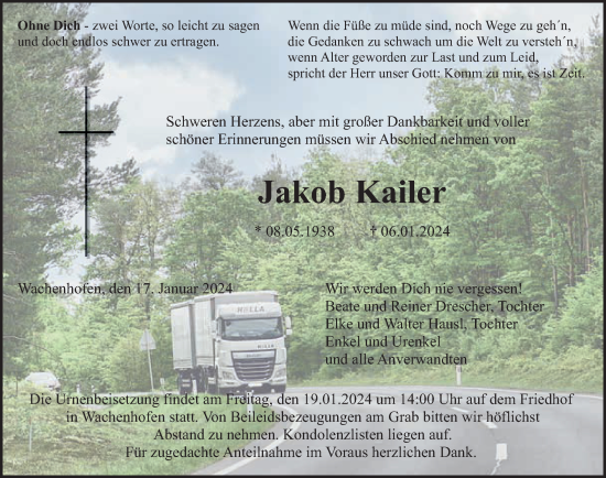 Traueranzeige von Jakob Kailer von Altmühl-Bote Lokal