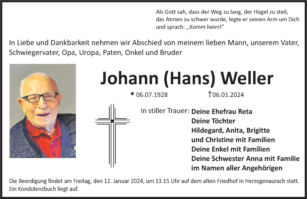 Traueranzeige für Johann Weller vom 09.01.2024 aus Nordbayerische Nachrichten Herzogenaurach Lokal