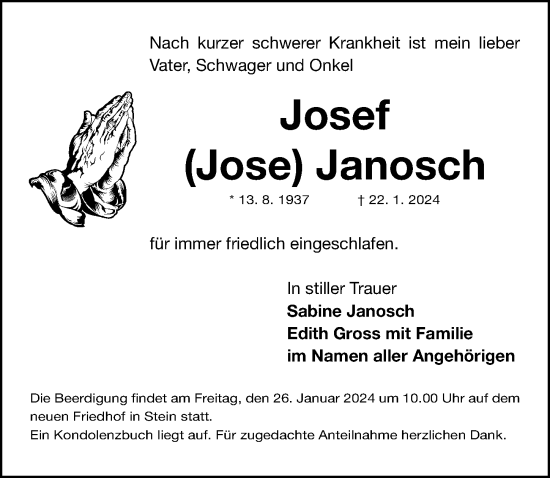 Traueranzeige von Jose Janosch von Gesamtausgabe Nürnberger Nachrichten/ Nürnberger Ztg.