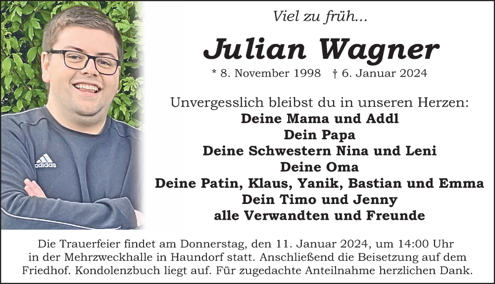  Traueranzeige für Julian Wagner vom 10.01.2024 aus Altmühl-Bote Lokal