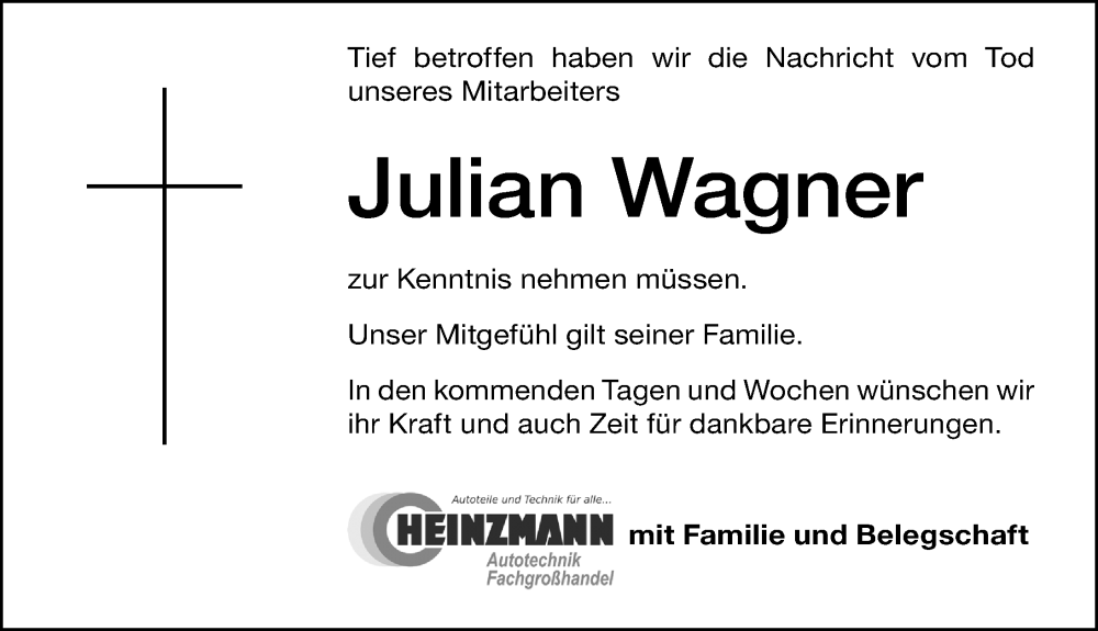  Traueranzeige für Julian Wagner vom 10.01.2024 aus Altmühl-Bote Lokal