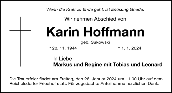 Traueranzeige von Karin Hoffmann von Gesamtausgabe Nürnberger Nachrichten/ Nürnberger Ztg.