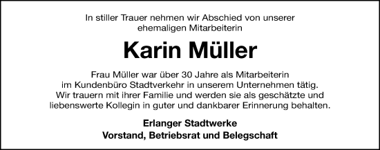 Traueranzeige von Karin Müller von Erlanger Nachrichten Lokal