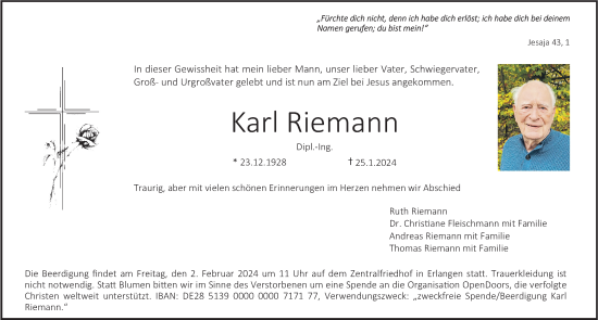 Traueranzeige von Karl Riemann von Erlanger Nachrichten Lokal