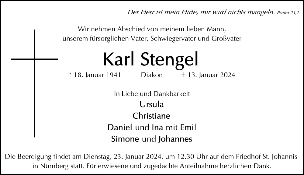  Traueranzeige für Karl Stengel vom 20.01.2024 aus Gesamtausgabe Nürnberger Nachrichten/ Nürnberger Ztg.