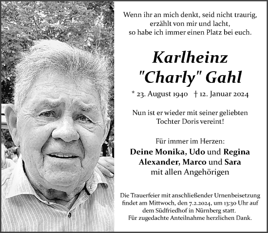 Traueranzeige von Karlheinz Gahl von Gesamtausgabe Nürnberger Nachrichten/ Nürnberger Ztg.