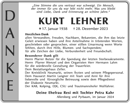 Traueranzeige von Kurt Lehner von Roth-Hilpoltsteiner Volkszeitung/ Neumarkter Nachrichten