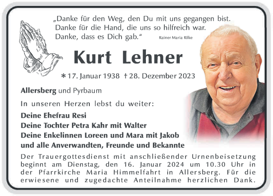Traueranzeige von Kurt Lehner von Roth-Hilpoltsteiner Volkszeitung/ Neumarkter Nachrichten
