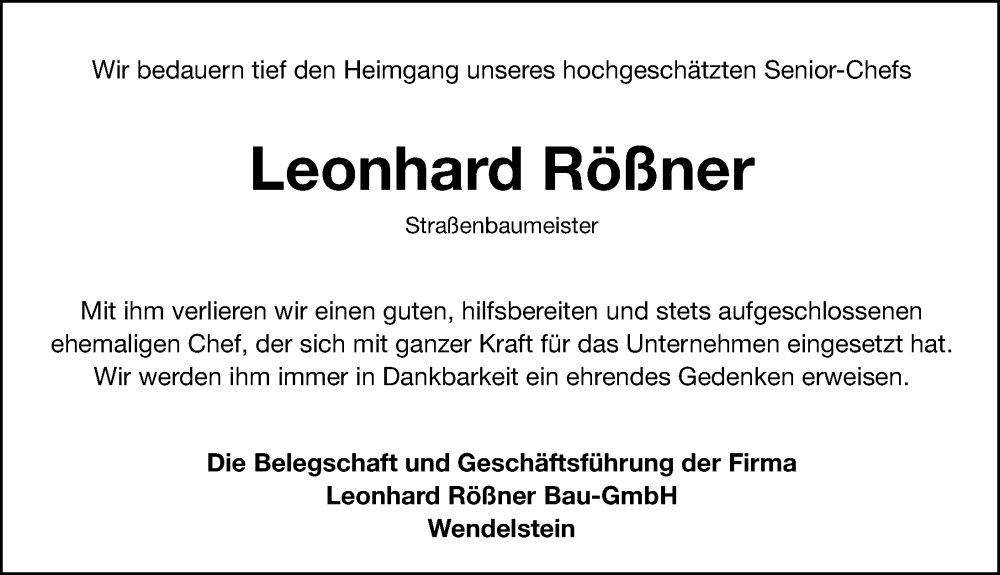  Traueranzeige für Leonhard  Rößner vom 31.01.2024 aus Gesamtausgabe Nürnberger Nachrichten/ Nürnberger Ztg.