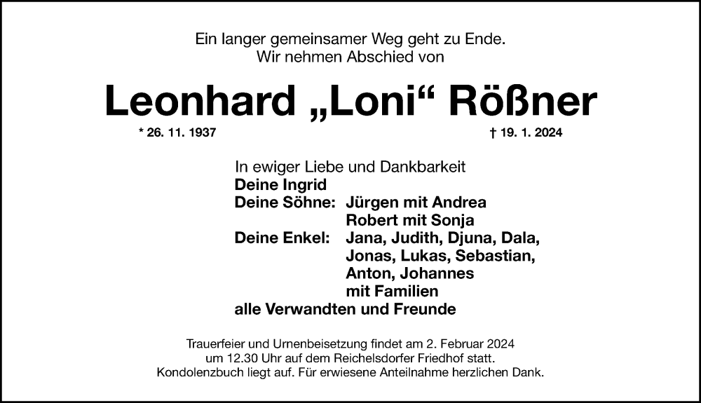  Traueranzeige für Leonhard  Rößner vom 31.01.2024 aus Gesamtausgabe Nürnberger Nachrichten/ Nürnberger Ztg.