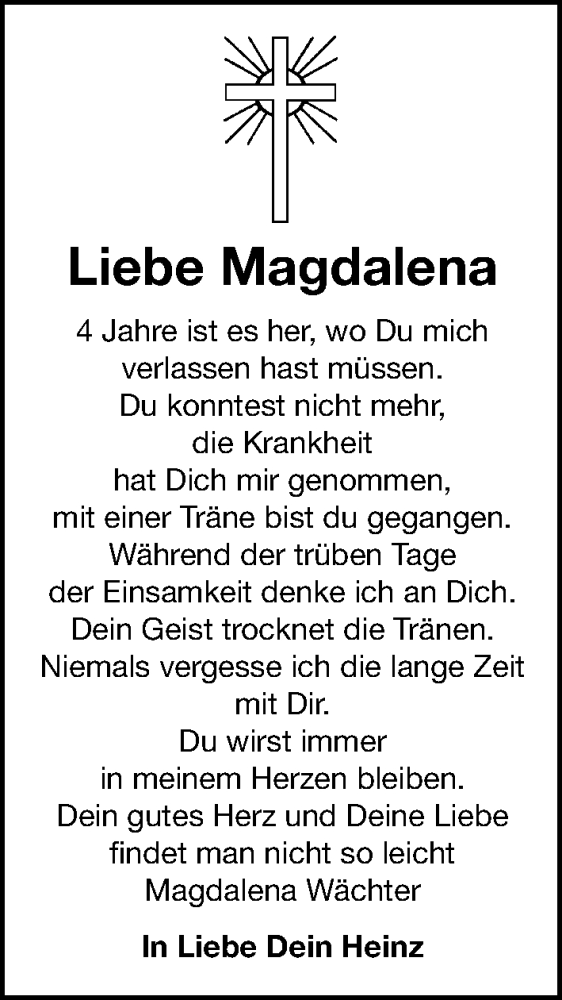  Traueranzeige für Liebe Magdalena  vom 27.01.2024 aus Gesamtausgabe Nürnberger Nachrichten/ Nürnberger Ztg.