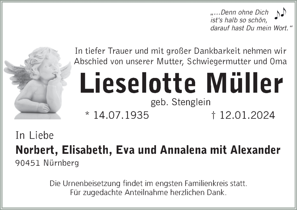  Traueranzeige für Lieselotte Müller vom 20.01.2024 aus Gesamtausgabe Nürnberger Nachrichten/ Nürnberger Ztg.