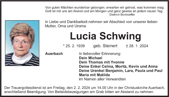 Traueranzeige von Lucia Schwing von Nordbayerische Nachrichten Pegnitz Lokal