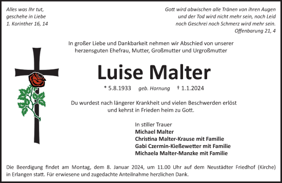 Traueranzeige von Luise Malter von Erlanger Nachrichten Lokal