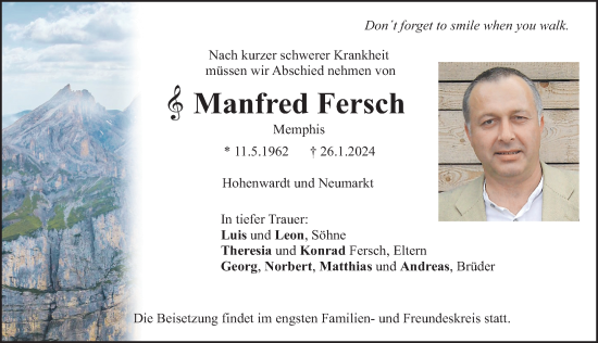 Traueranzeige von Manfred Fersch von Neumarkter Nachrichten Lokal