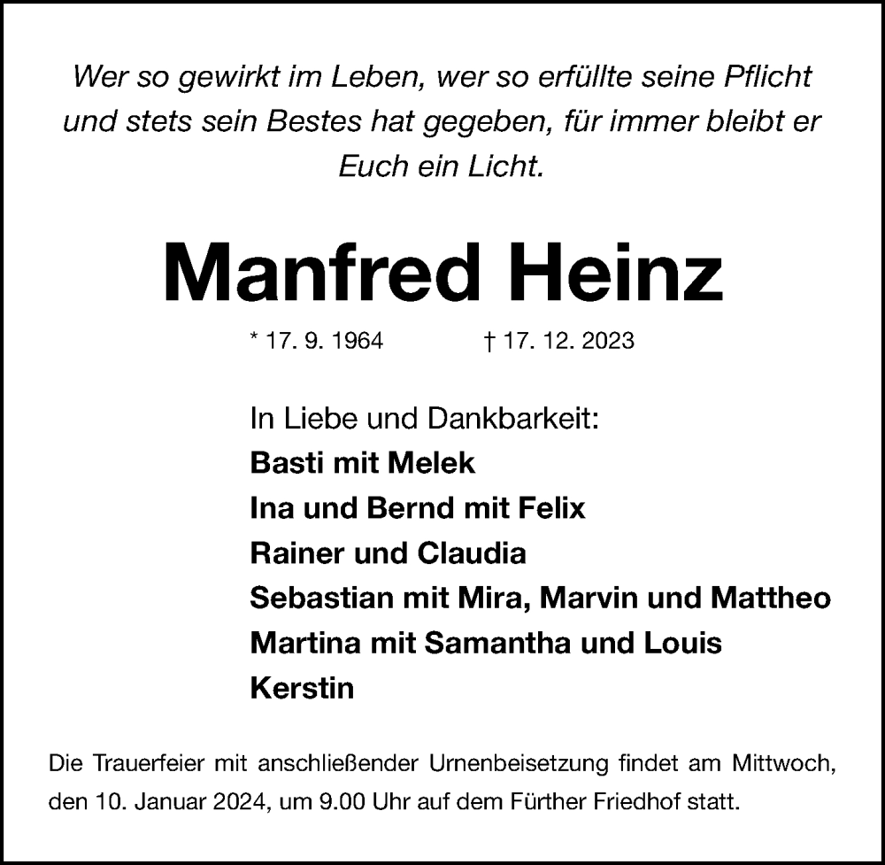  Traueranzeige für Manfred Heinz vom 05.01.2024 aus Fürther Nachrichten Lokal