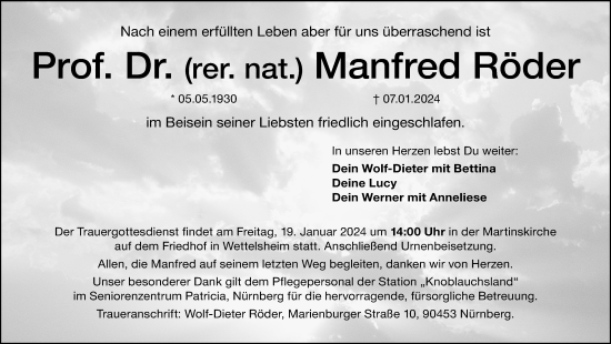 Traueranzeige von Manfred Röder von Gesamtausgabe Nürnberger Nachrichten/ Nürnberger Ztg.