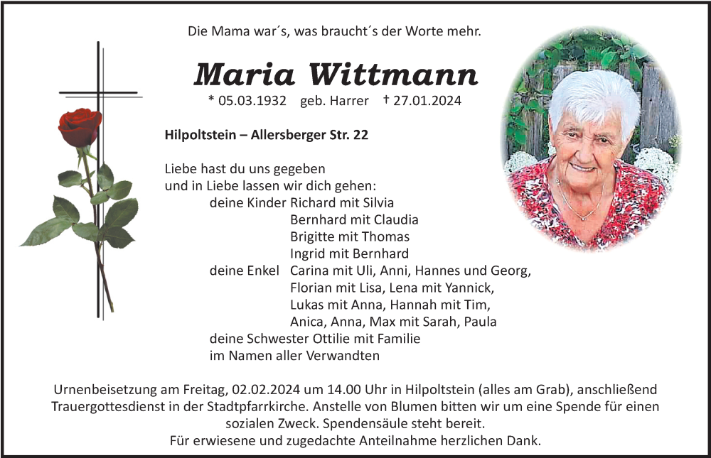 Traueranzeigen von Maria Wittmann | trauer.nn.de