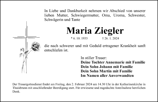 Traueranzeige von Maria Ziegler von Nordbayerische Nachrichten Forchheim Lokal