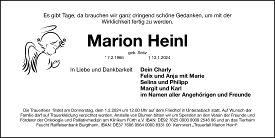 Traueranzeige von Marion Heinl von Gesamtausgabe Nürnberger Nachrichten/ Nürnberger Ztg.