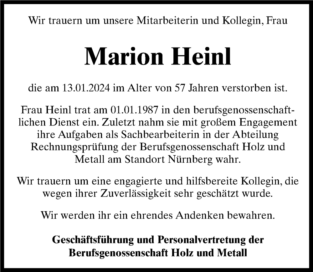  Traueranzeige für Marion Heinl vom 20.01.2024 aus Gesamtausgabe Nürnberger Nachrichten/ Nürnberger Ztg.