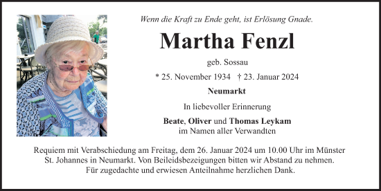 Traueranzeige von Martha Fenzl von Neumarkter Nachrichten Lokal