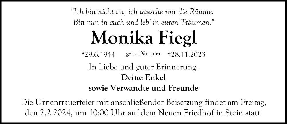  Traueranzeige für Monika Fiegl vom 27.01.2024 aus Gesamtausgabe Nürnberger Nachrichten/ Nürnberger Ztg.