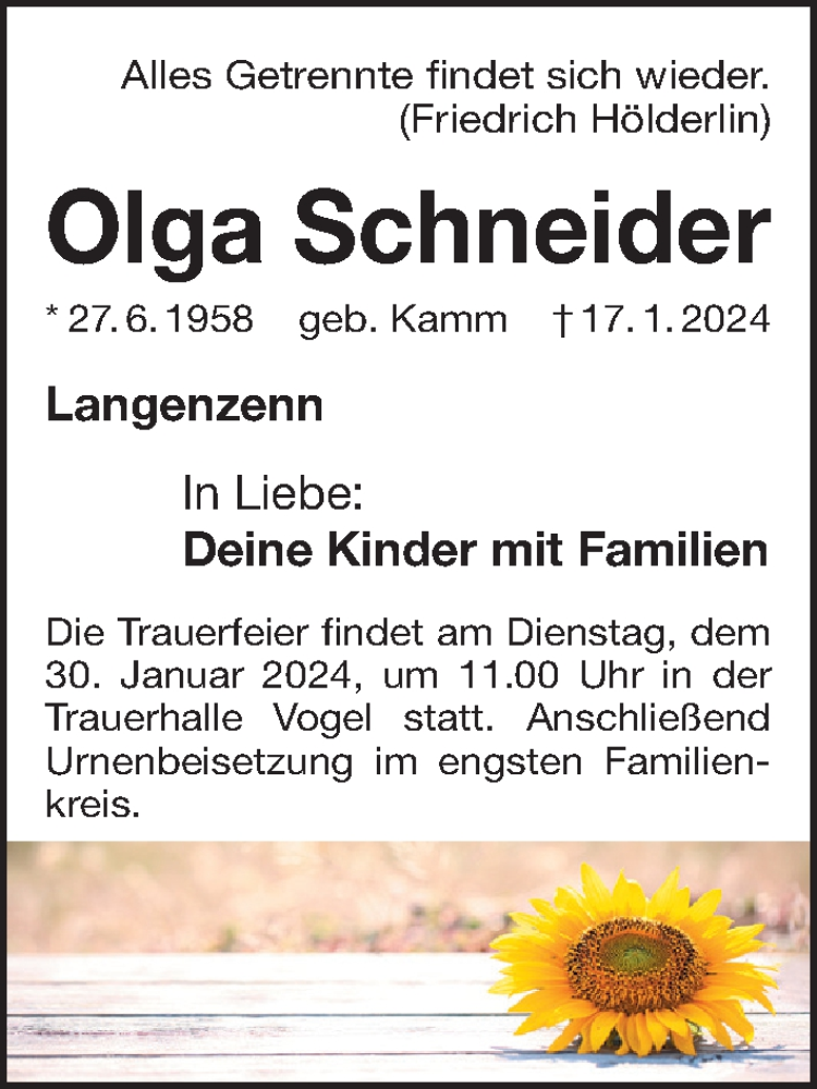  Traueranzeige für Olga Schneider vom 26.01.2024 aus Fürther Nachrichten Lokal