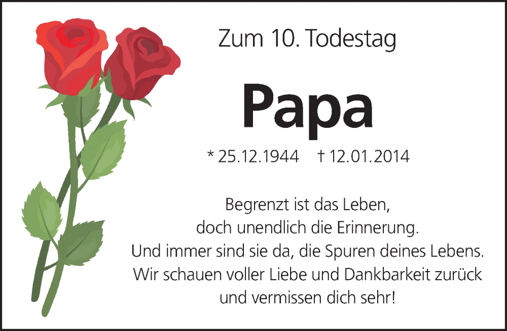  Traueranzeige für Papa  vom 12.01.2024 aus Altmühl-Bote Lokal