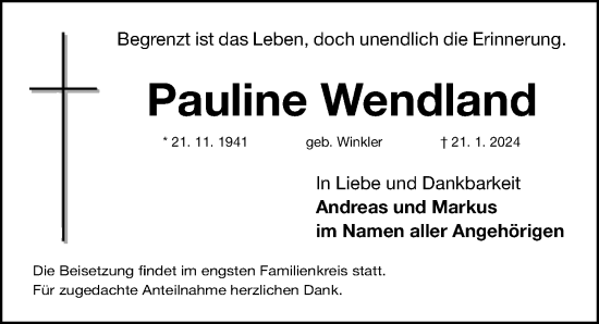 Traueranzeige von Pauline Wendland von Fürther Nachrichten Lokal