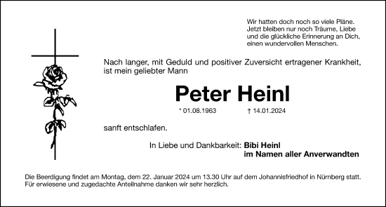 Traueranzeige von Peter Heinl von Gesamtausgabe Nürnberger Nachrichten/ Nürnberger Ztg.