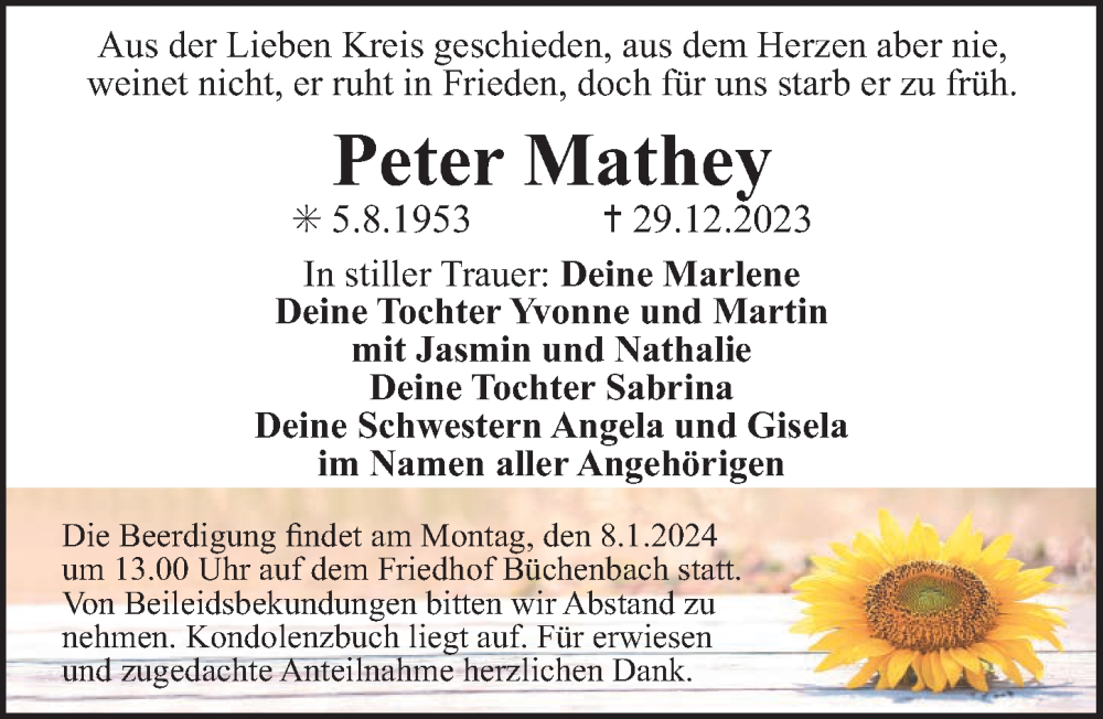  Traueranzeige für Peter Mathey vom 05.01.2024 aus Erlanger Nachrichten Lokal