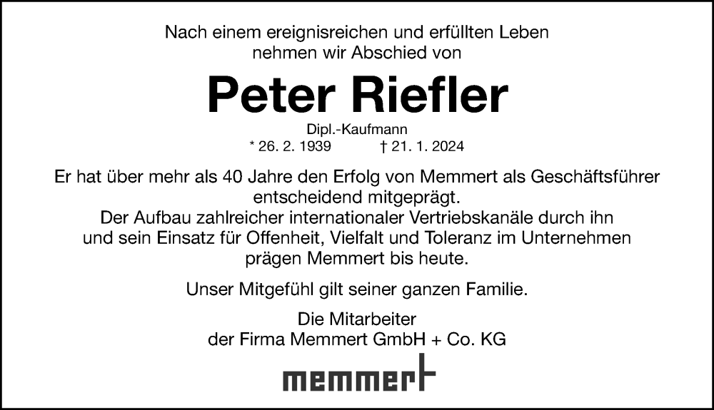  Traueranzeige für Peter Riefler vom 24.01.2024 aus Schwabacher Tagblatt Lokal