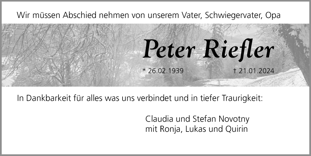  Traueranzeige für Peter Riefler vom 24.01.2024 aus Schwabacher Tagblatt Lokal