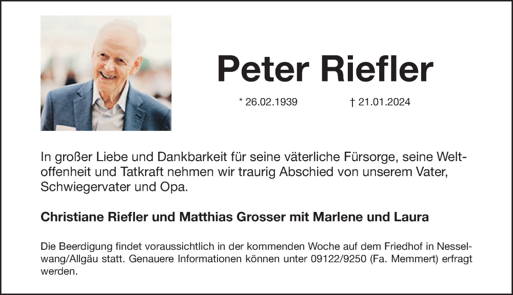  Traueranzeige für Peter Riefler vom 24.01.2024 aus Schwabacher Tagblatt Lokal