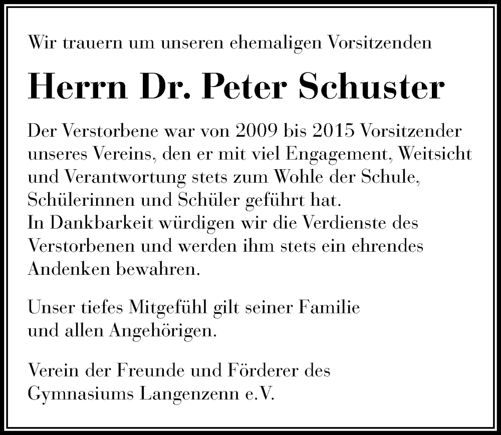 Traueranzeige für Peter Schuster vom 16.01.2024 aus Fürther Nachrichten Lokal