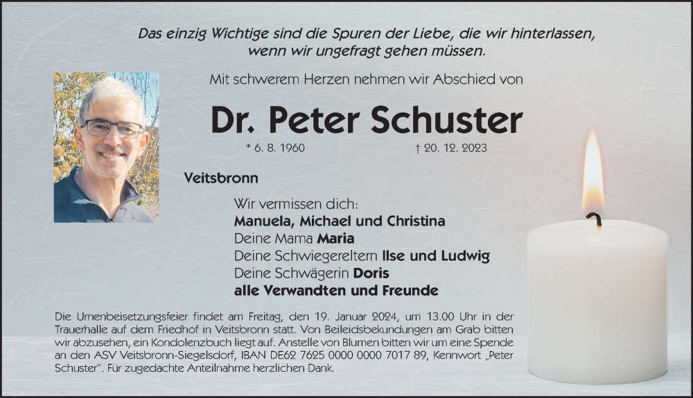  Traueranzeige für Peter Schuster vom 12.01.2024 aus Fürther Nachrichten/ Gesamtausgabe Nürnberger Nachrichten/ Nürnberger Ztg.