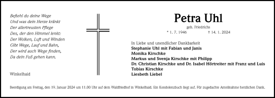 Traueranzeige von Petra Uhl von Gesamtausgabe Nürnberger Nachrichten/ Nürnberger Ztg.