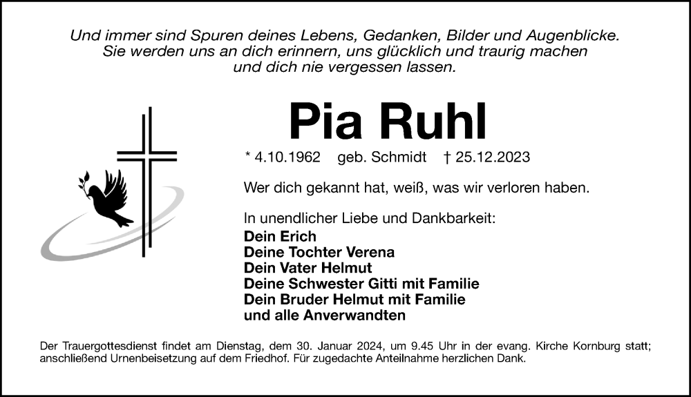  Traueranzeige für Pia Ruhl vom 27.01.2024 aus Schwabacher Tagblatt Lokal