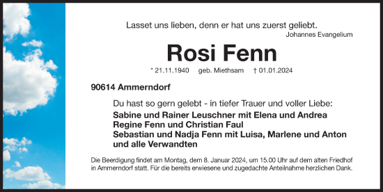 Traueranzeige von Rosi Fenn von Fürther Nachrichten Lokal