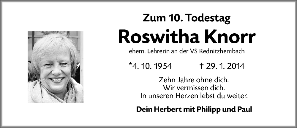  Traueranzeige für Roswitha Knorr vom 29.01.2024 aus Schwabacher Tagblatt Lokal