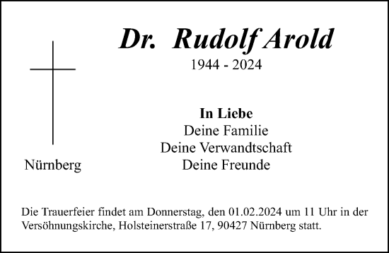 Traueranzeige von Rudolf Arold von Gesamtausgabe Nürnberger Nachrichten/ Nürnberger Ztg.