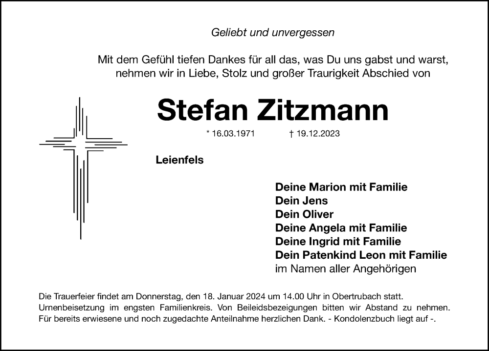  Traueranzeige für Stefan Zitzmann vom 13.01.2024 aus Nordbayer. Nachrichten Pegnitz/ Nordbayer. Nachrichten Forchheim